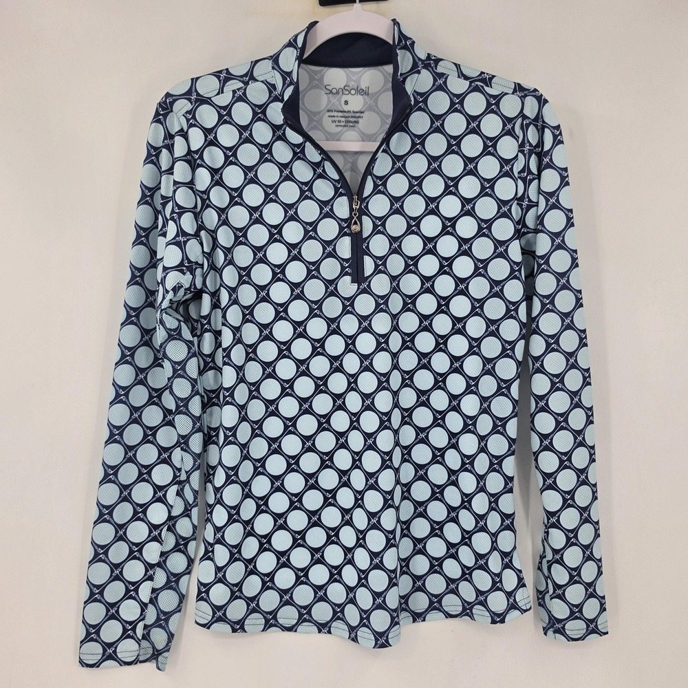 SanSoleil Quarter Zip Pullover Womens Small Blue Golf Ball Club Long Sleeve